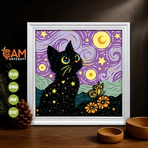 May include: A framed art print featuring a black cat with yellow eyes, adorned with stars, gazing at a butterfly. The background showcases a starry night sky with a crescent moon and swirling clouds. The artwork is in a white frame.