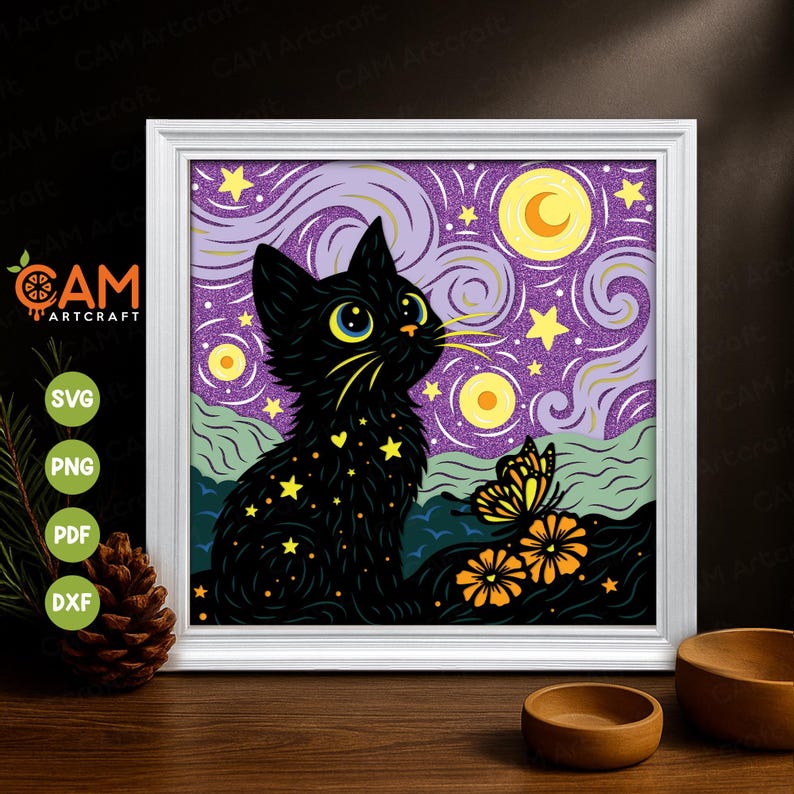 May include: A framed art print featuring a black cat with yellow eyes, adorned with stars, gazing at a butterfly. The background showcases a starry night sky with a crescent moon and swirling clouds. The artwork is in a white frame.