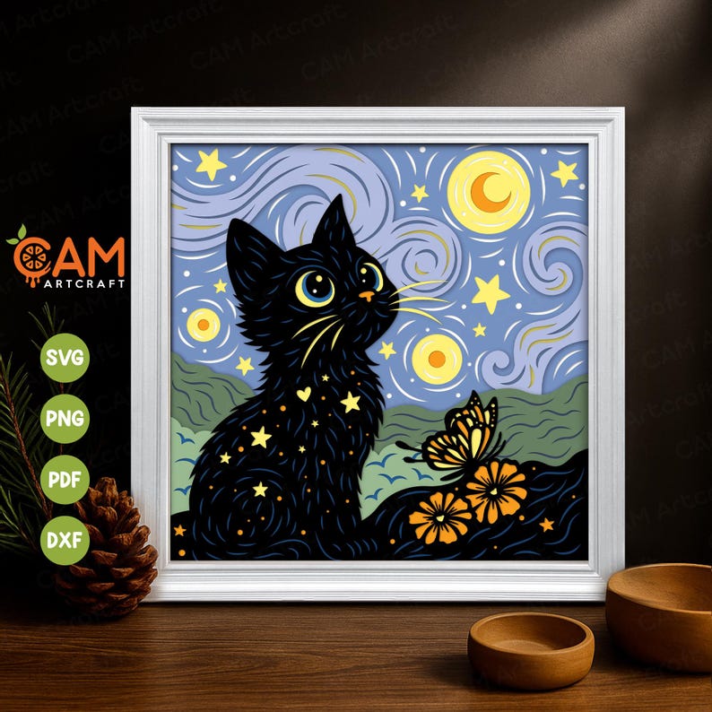 May include: A framed art print featuring a black cat with yellow eyes, gazing at a butterfly. The artwork has a starry night sky background with yellow stars and a crescent moon. The print is in a white frame.