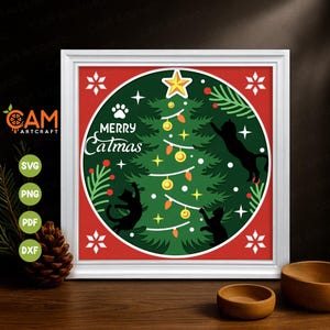 Merry Catmas Shadow Box SVG, Rolig Julkatt SVG, 3D SVG Jul, Shadow Box Mall, för Cricut, för Silhouette