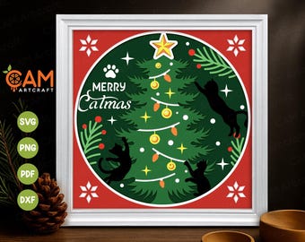 Merry Catmas Shadow Box SVG, Rolig Julkatt SVG, 3D SVG Jul, Shadow Box Mall, för Cricut, för Silhouette