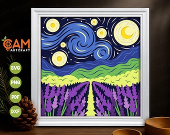 3D Starry Night, 3D Shadow Box SVG, Lavender Shadow Box Template, Paper Cut Light Box, for Cricut, for Silhouette, Lightbox
