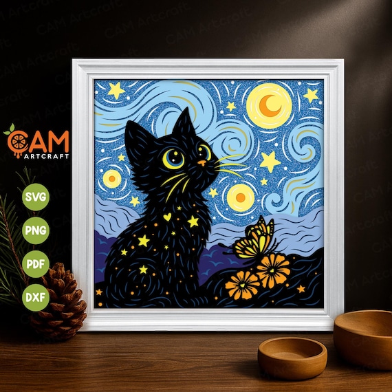 3D Starry Night Cat Shadow Box SVG, Cat Lovers Gift, Black Cat SVG, Shadow Box Template, for Cricut, for Silhouette