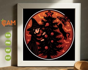 Heks met zwarte kat Shadow Box SVG, Black Cat SVG, Halloween 3D SVG, Shadow Box-sjabloon, Paper Cut Light Box, voor Cricut, voor Silhouette