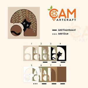 May include: A layered paper craft kit featuring a black cat peeking from behind an archway with hanging foliage. The design includes eight numbered components, instructions for adding foamboard or glue, and the CAM ARTCRAFT logo at the top.