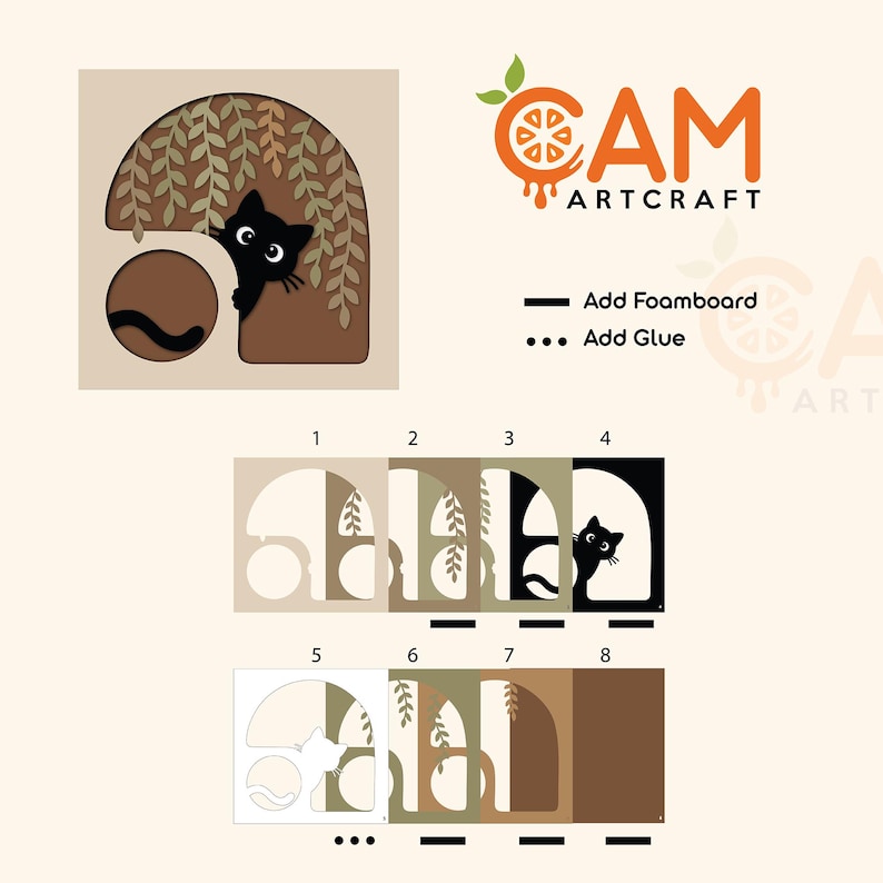 May include: A layered paper craft kit featuring a black cat peeking from behind an archway with hanging foliage. The design includes eight numbered components, instructions for adding foamboard or glue, and the CAM ARTCRAFT logo at the top.