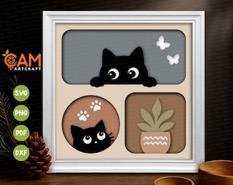 Cute Cat Shadow Box SVG, Black Cat SVG, Cricut SVG, 3D Cat Wall Art, Laser Cut Template, Pet Lover Gift