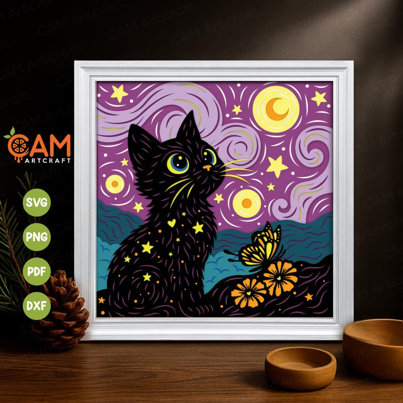 May include: A framed art print featuring a black cat gazing at a starry night sky with a crescent moon and a butterfly. The artwork has a whimsical style with yellow stars and a purple and teal background. The frame is white.