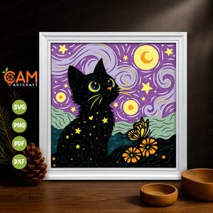 May include: A framed art print featuring a black cat with yellow eyes, adorned with stars, gazing at a butterfly. The background showcases a starry night sky with a crescent moon and swirling clouds. The artwork is in a white frame.