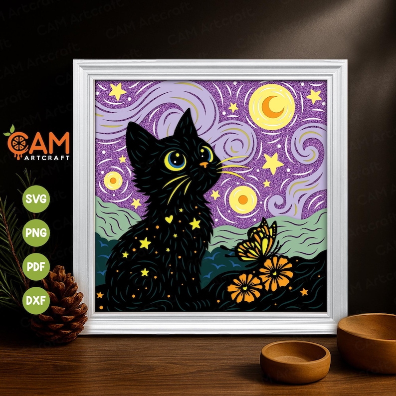 May include: A framed art print featuring a black cat with yellow eyes, adorned with stars, gazing at a butterfly. The background showcases a starry night sky with a crescent moon and swirling clouds. The artwork is in a white frame.
