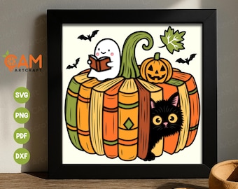 Pumpkin Books Shadow Box SVG, Book Lover SVG, Cozy Pumpkin Season SVG, Shadow Box Template, Paper Cut Light Box, for Cricut, for Silhouette