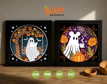 Combo 2 Chilling Ghost Shadow Box SVG, 3D Ghost Reading Shadow Box SVG, Shadow Box Template, 3D Layered SVG, per Cricut, per Silhouette