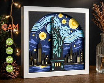 3D Statue Of Liberty Shadow Box SVG, America 4th July, 3D Starry Night SVG, Shadow Box Template, for Cricut, for Silhouette