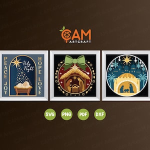 Può includere: Tre stampe artistiche incorniciate a tema natalizio. Le stampe presentano scene della Natività con una stella, un bambino in una mangiatoia e il testo "Holy Night". La tavolozza dei colori include blu, oro e marrone. Icone del tipo di file in basso.