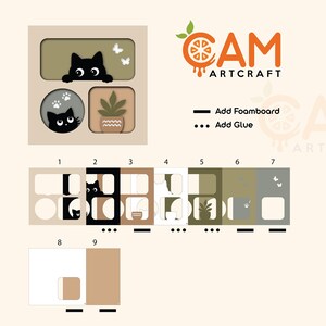 May include: A layered paper craft kit featuring a black cat, a potted plant, and butterflies. The design includes nine numbered assembly steps with instructions to add foamboard or glue. The logo CAM ARTCRAFT is displayed at the top right.