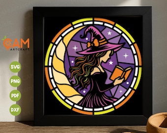 Halloween Witch Shadow Box SVG, Witch Reading Book SVG, Shadow Box Template, Paper Cut Light Box, for Cricut, for Silhouette