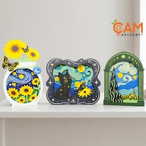 Set de 3 tarjetas desplegables Noche Estrellada SVG, plantillas de tarjetas de papel 3D, manualidades con papel Cricut