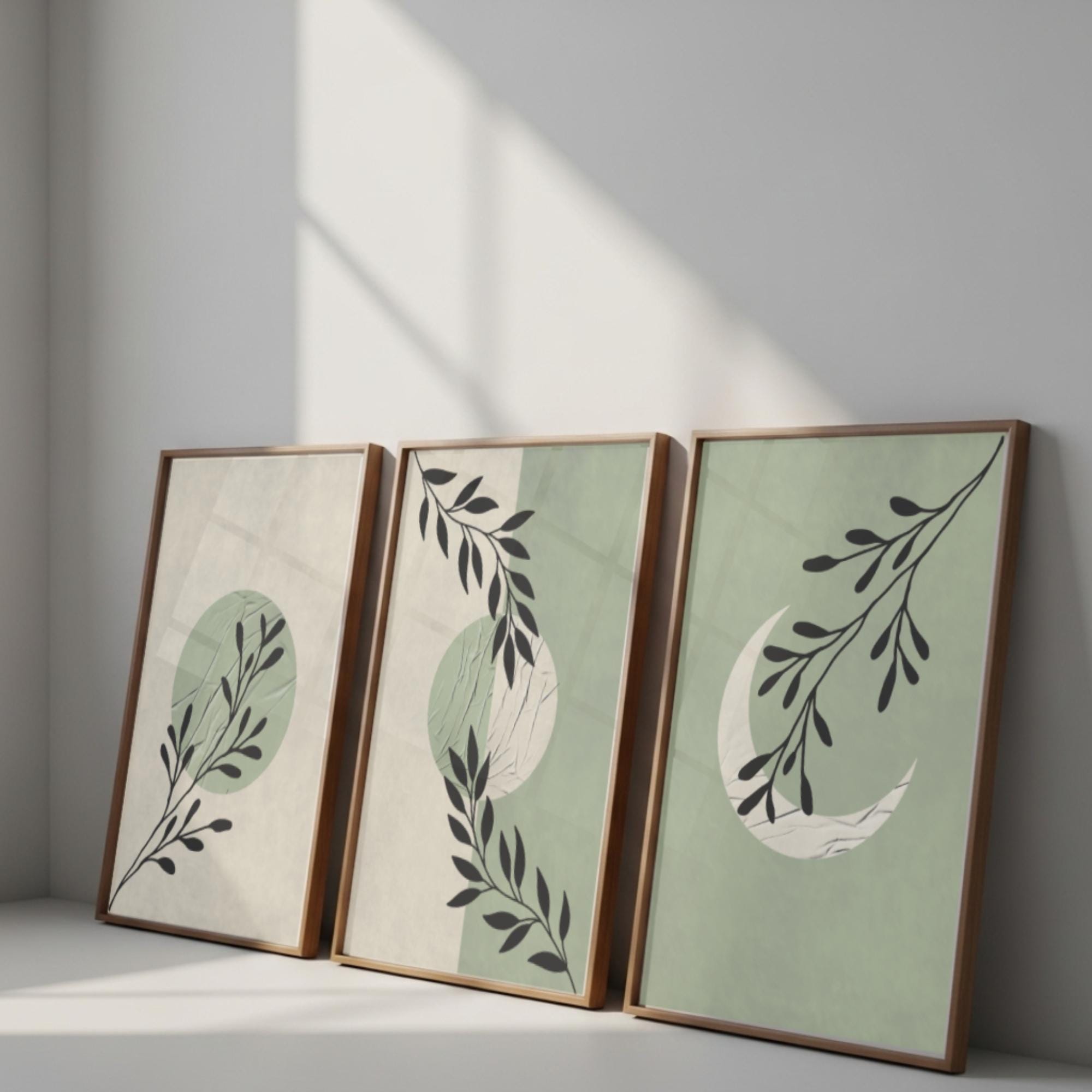 Set of 3 Boho Abstract Botanical Wall Art , Minimalist Sun and Moon ...