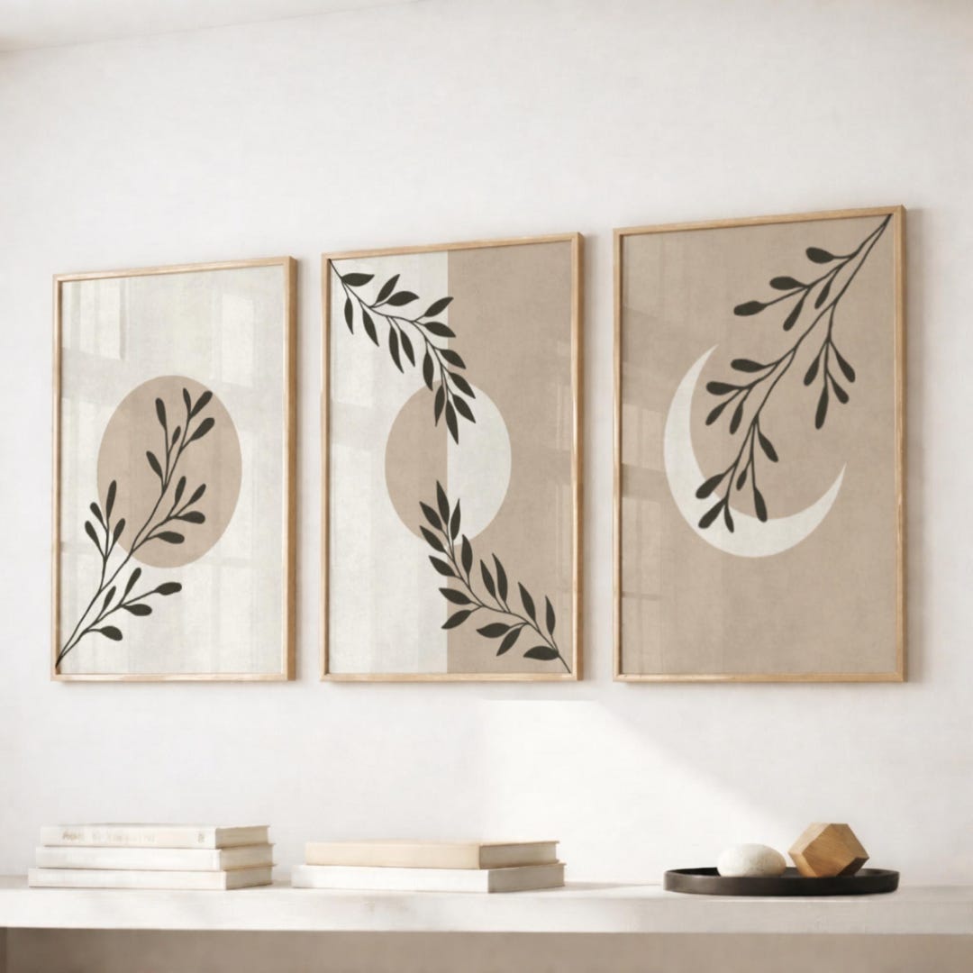 Neutral Botanical Wall Art Set of 3, Beige Boho Prints, Minimalist Leaf ...