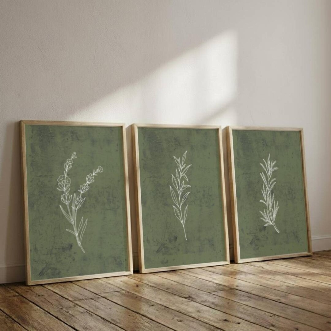 Sage Green Botanical Wall Art Set of 3, Minimalist Flower Line Art ...