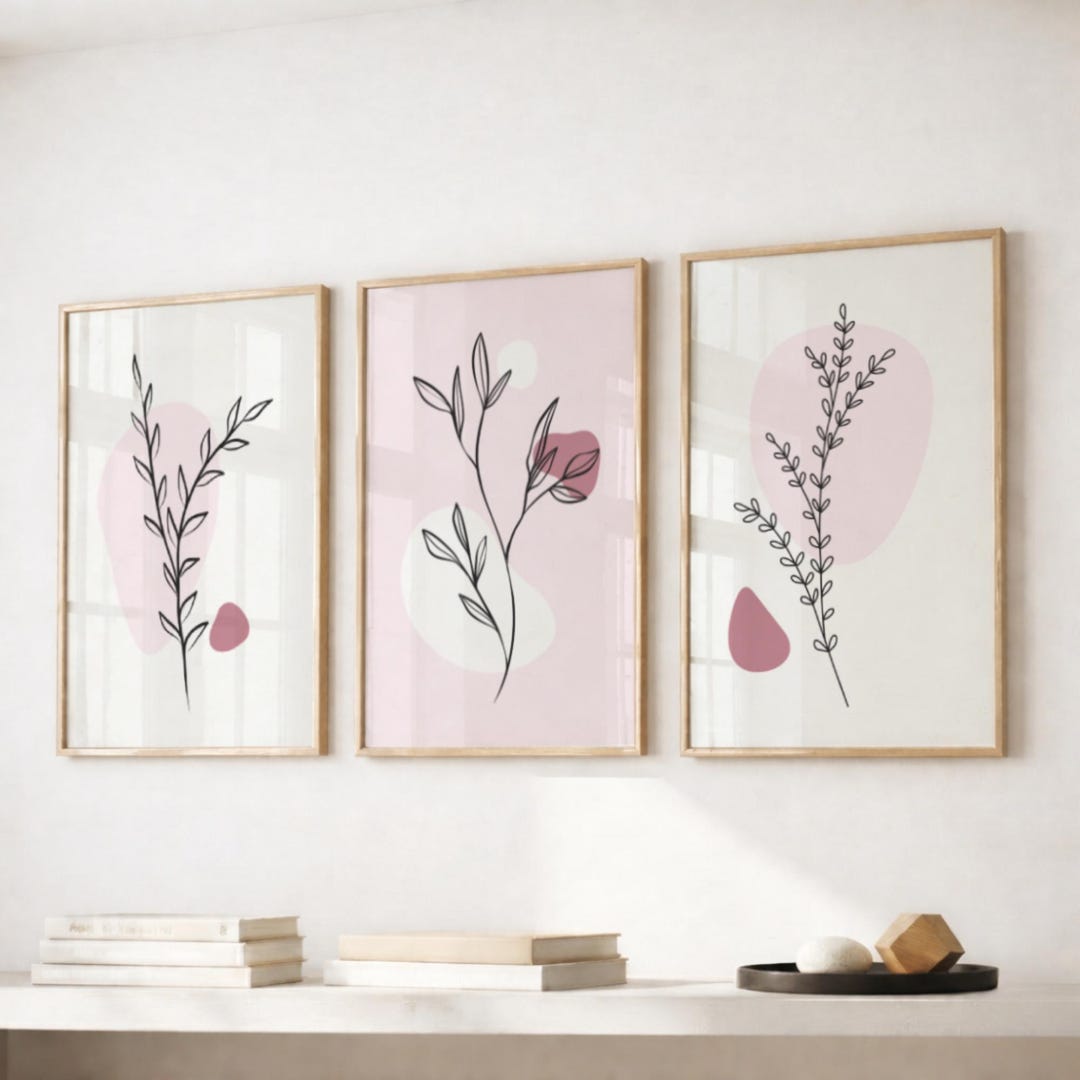 Blush Pink Botanical Wall Art Set of 3, Minimalist Line Art Prints ...