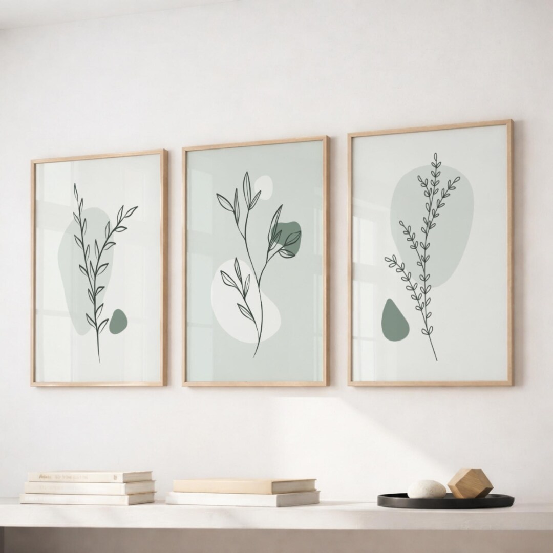 Sage Green Botanical Wall Art Set of 3, Minimalist Line Art Prints ...