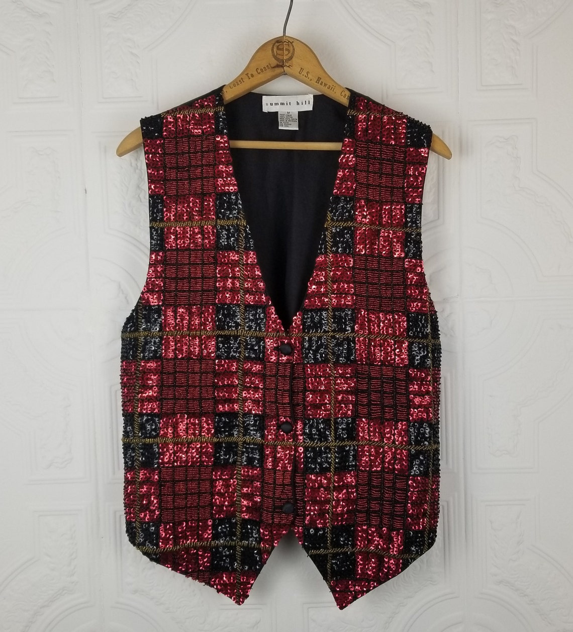 Vintage Red Black Gold Sequin Plaid Holiday Vest | Etsy