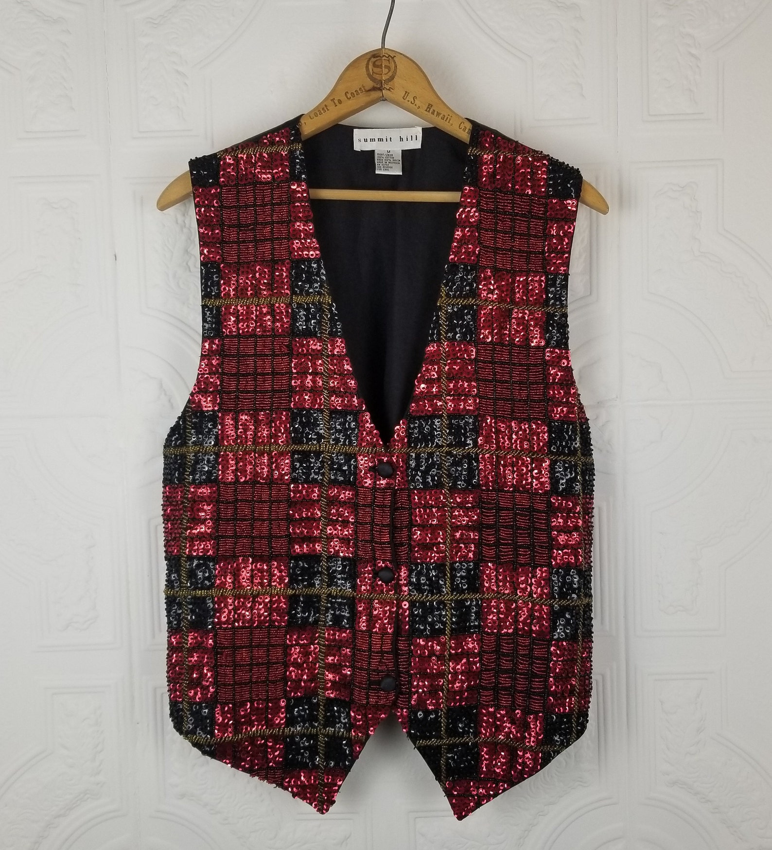 Vintage Red Black Gold Sequin Plaid Holiday Vest | Etsy