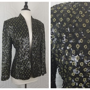 Black Sequin Beaded Evening Jacket | Sequin Cocktail Blazer | Gold Flowers | Hollywood Glam | Vintage
