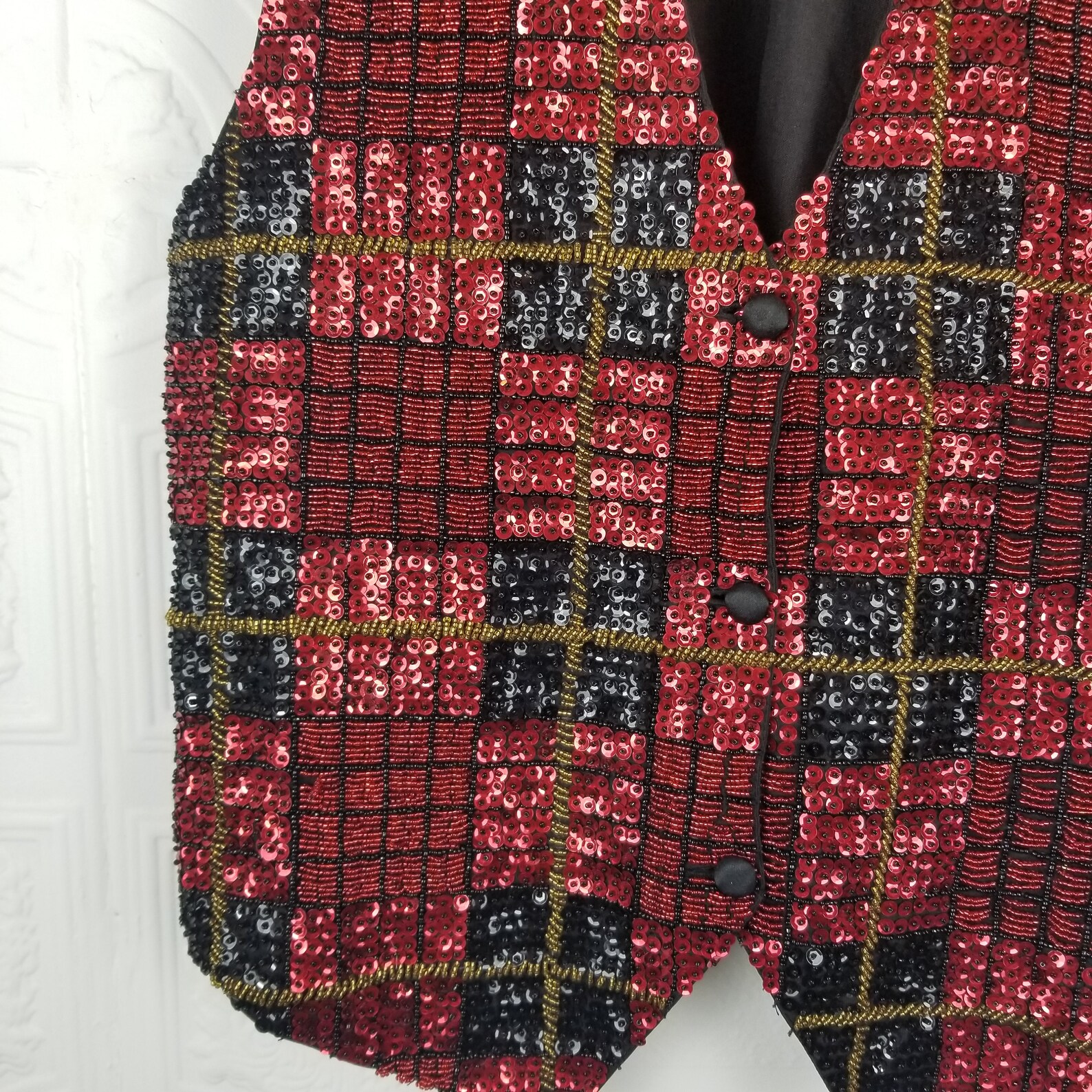 Vintage Red Black Gold Sequin Plaid Holiday Vest | Etsy