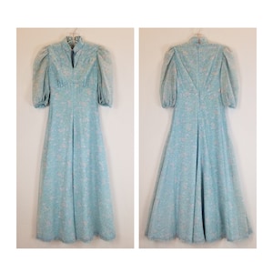 1960s Cottagecore Romantic Puff Sleeve Chic Blue Floral Summer Maxi Dress Sz XS