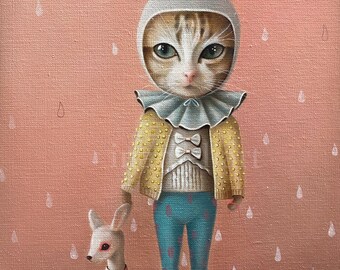 The Cat oil Art PRINT for canvas painting, Cat original PRINT Animal Art, Cat Art, Cat lover illustration, Whimsical Animal Lover Art