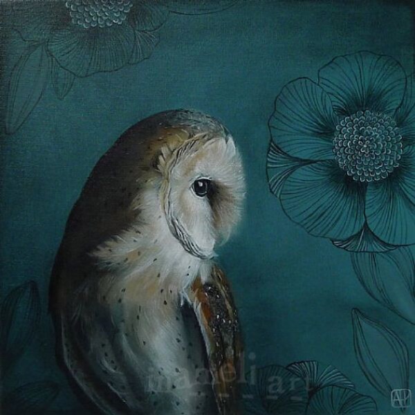 Barn Owl print, Acrylic Painting, Bird Art,  large art print 15,7'' x 15,7'' llustration by inameliart