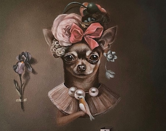 THE portrait with 3 pearls , chihuahua portrait oil painting on canvas, animal, dog art