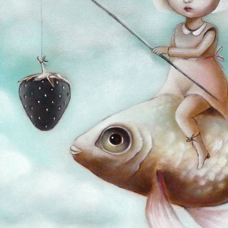 Flying Fish Dream, Orginal ART PRINT, pop surrealism art, low brow, big eyed , fish art, fish rider ,flying, big eyes Wall Art by inameliart image 3