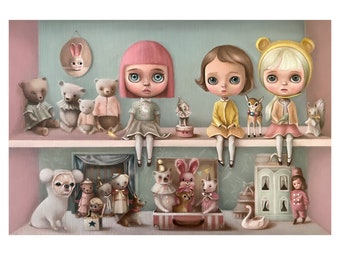 Limited Edition - Life on the Shelf whimsical art print, blythe doll art, vintage style toys wall art ,Blythe, Bigeyes,dolls lover