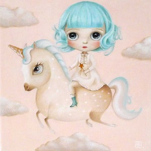 The Unicorn Dream, Unicorn ART PRINT, pop surrealism art, low brow, big eyed , unicorn art, unicorn rider flying mint hair, Unicorn Wall Art