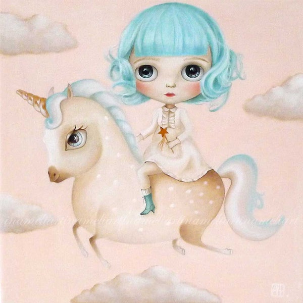 De Unicorn Dream, Unicorn ART PRINT, pop surrealisme kunst, lage wenkbrauw, grote ogen, eenhoorn kunst, eenhoorn rider vliegend mint haar, Unicorn Wall Art