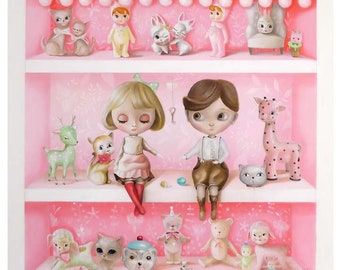 Life on the Shelf whimsical art print, blythe doll art, vintage style toys wall art ,Blythe, Bigeyes, Pink lover