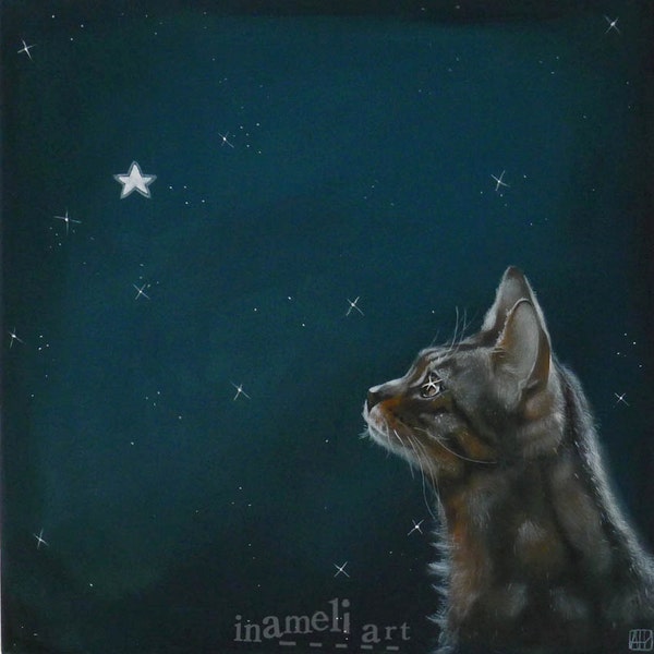 Tabby Cat  Art print, cat and little star, Tabby Cat picture Tabby cat gift for cat lover tabby  cat print cat art cat decor cabin decor