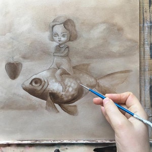 Flying Fish Dream, Orginal ART PRINT, pop surrealism art, low brow, big eyed , fish art, fish rider ,flying, big eyes Wall Art by inameliart image 2