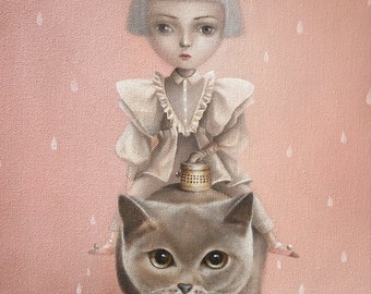 Original Art Print , pop surrealism art, low brow, big eyed , cat art, cat rider ,pink, big eyes Wall Art by inameliart