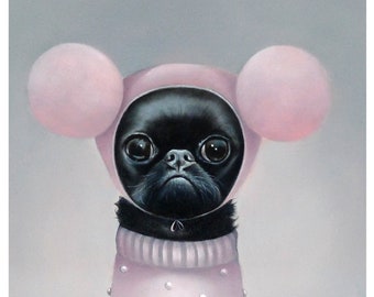 The Pink Pompoms Pug Art Print from Oil Painting, Animal Art, Pug Painting, Pug Art, Dog Art, Pug, Sweet Pug, Whimsical Animal Lover Art