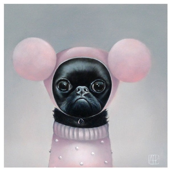 The Pink Pompoms Pug Art Print from Oil Painting, Animal Art, Pug Painting, Pug Art, Dog Art, Pug, Sweet Pug, Whimsical Animal Lover Art