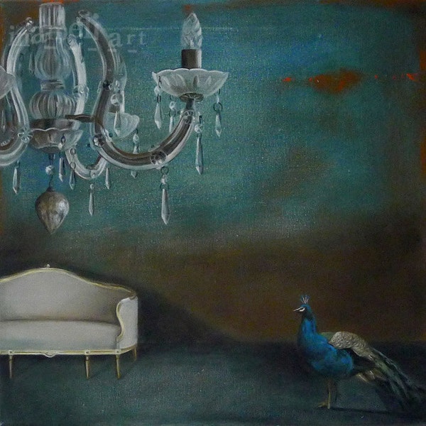 Still life Painting, Print, The lonely peacock, acrylic painting, crystal chandelier, old blue, antique furniture interior art,