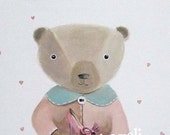 Teddy bear illustration, lovely animal wall art, nursery room decoration, teddy bear art, Playroom Decor, children animal art print