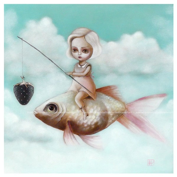 Flying Fish Dream, Orginal ART PRINT, pop surrealisme kunst, low brow, big eyed, fish art, fish rider, vliegen, grote ogen Wall Art door inameliart