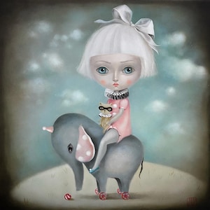 Orginal ART PRINT, pop surrealism art, low brow, big eyed , elephant art, elephant rider , big eyes Wall Art by inameliart