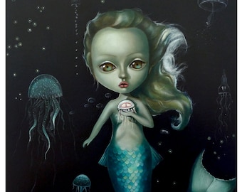 Mermay art,  Limited edition Art Print, Pop Surrealism, big eyes, lowbrow art, fantasy art, blue mermaid art by inameliart