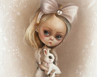 the Girl portrait with the white bunny pop surrealism art PRINT , low brow, big eyed , bunny art , big eyes Wall Art by inameliart